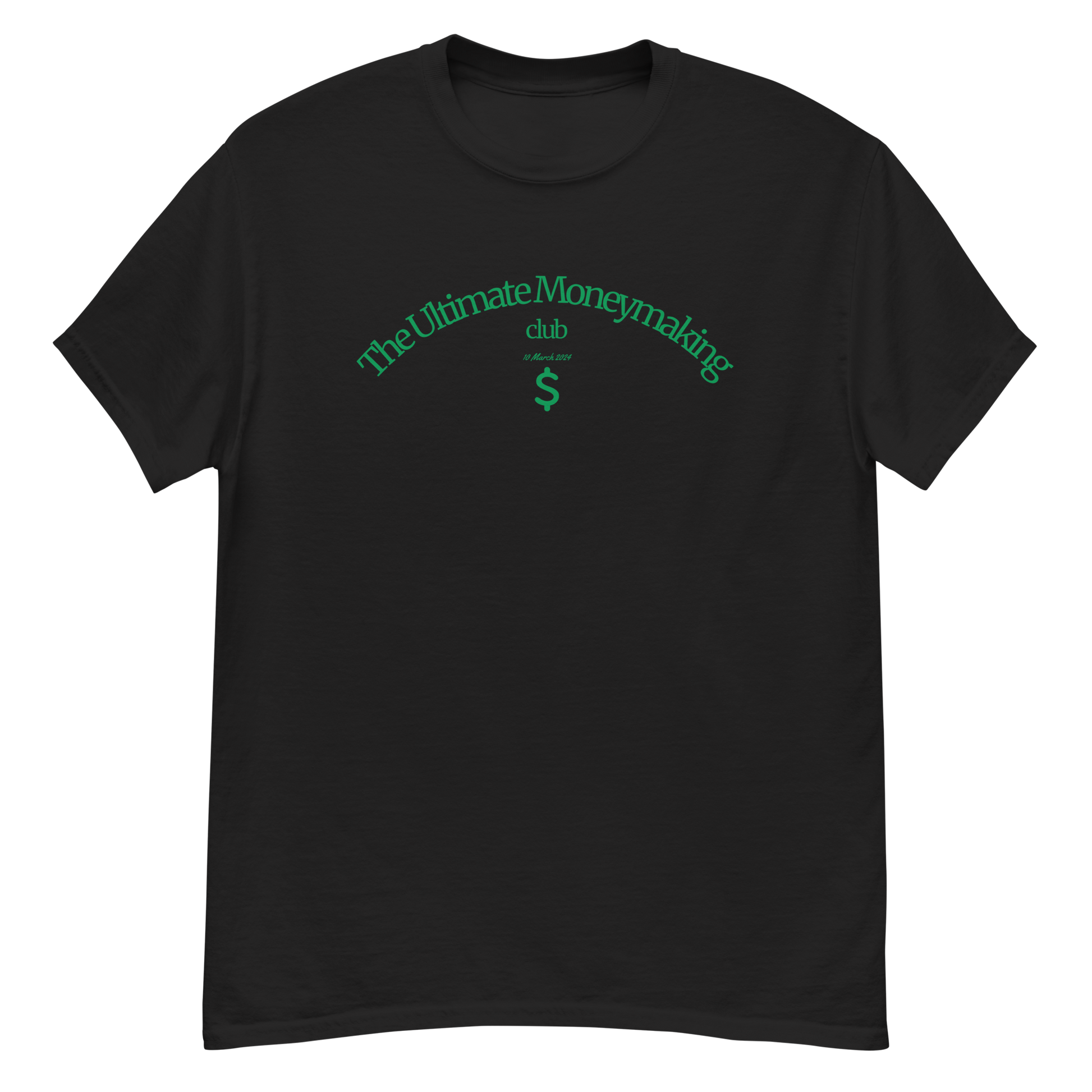 A black T-shirt featuring the Ultimate Moneymaking Club logo, symbolizing success, hustle, and wealth.